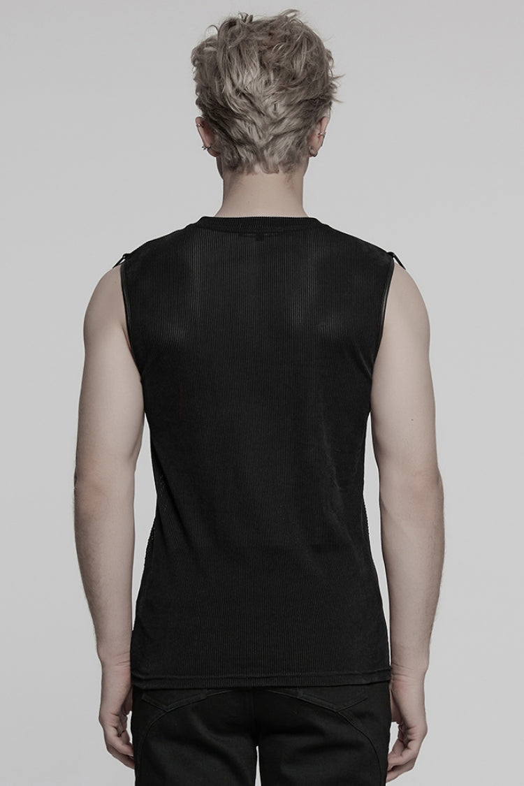 Black Round Collar Sheer Mesh Color Matching Rivet Men's Punk Vest