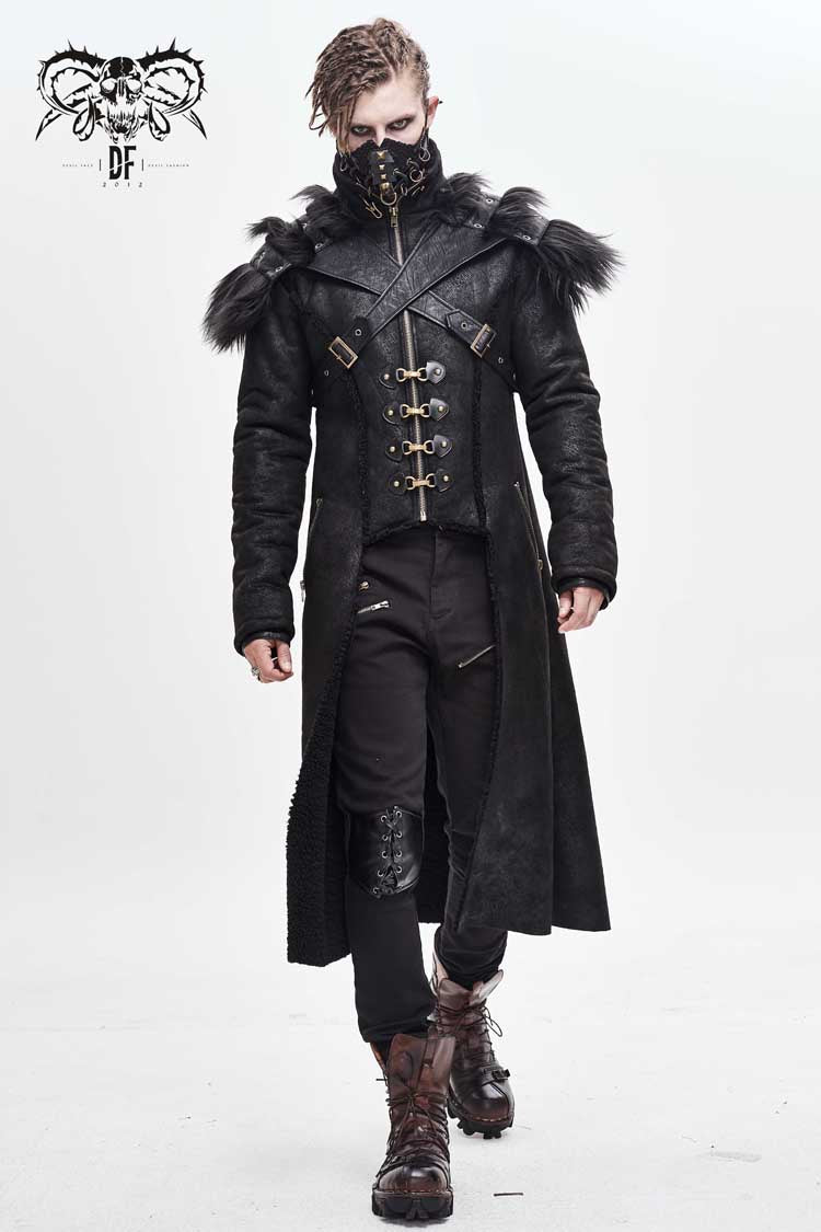 Black Stand Up Collar Shoulder Fur Cape Front Metal Hasp Chest Loops Long Fur Men's Punk Coat
