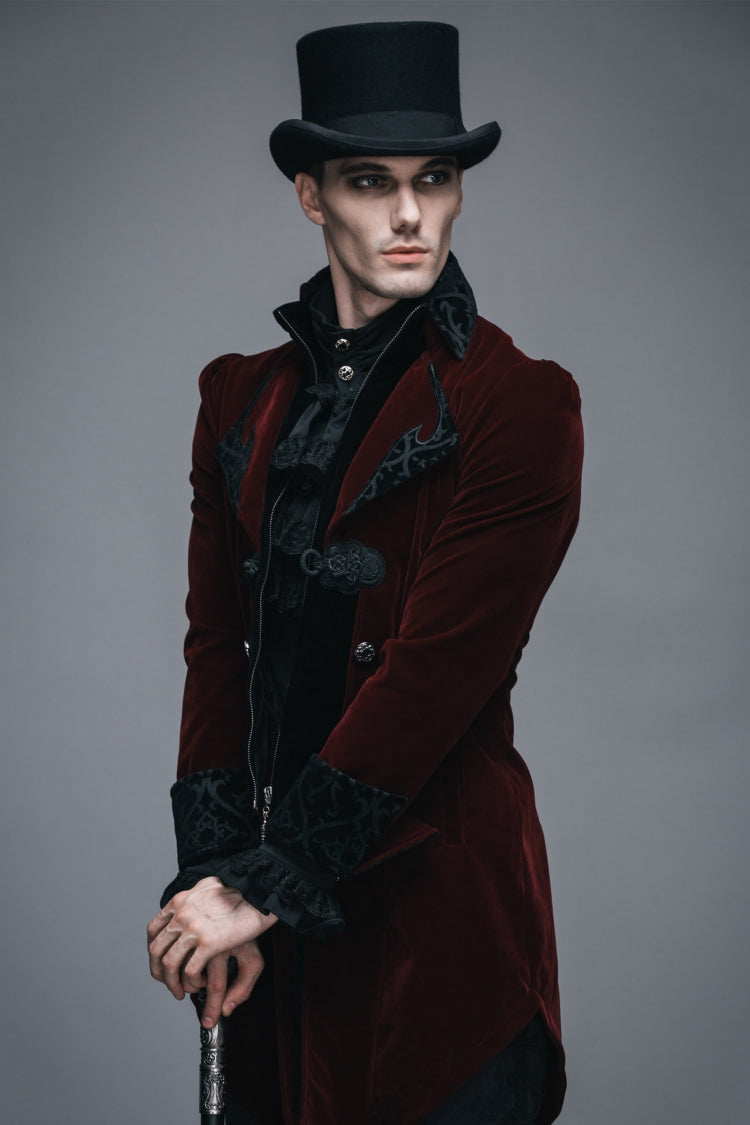 Wine Formal Party Turn Down Collar Long Sleeves Mens Gothic Swallowtail Coat