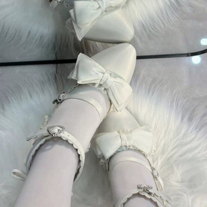 Ruffled Bow Lace Sweet Elegant Lolita Pointed Toe High Heels 4 Colors