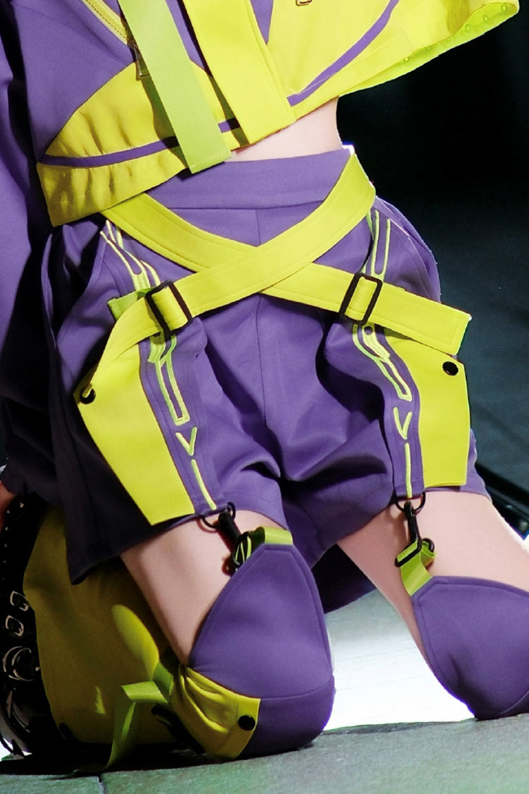Neon Purple/Green [Zero-Type Transformation] Techwear Long Sleeves Embroidered Hooded Punk Jirai Kei Shorts Coat Set