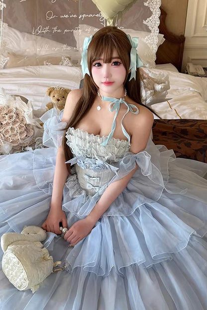 Blue [Mousse Love Song] Sleeveless Multi-Layered Ruffled Hanayome Bow Sweet Lolita Dress