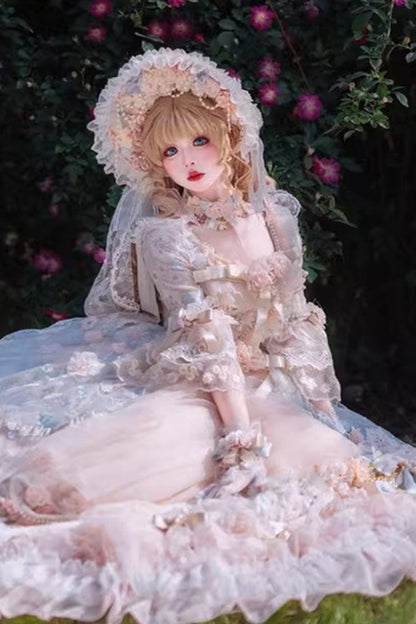 Blue/Pink [Rose Blossom Banquet] Multi-Layered Printed Ruffled Hanayome Bow Lace Sweet Plus Size Princess Gorgeous Lolita Dress