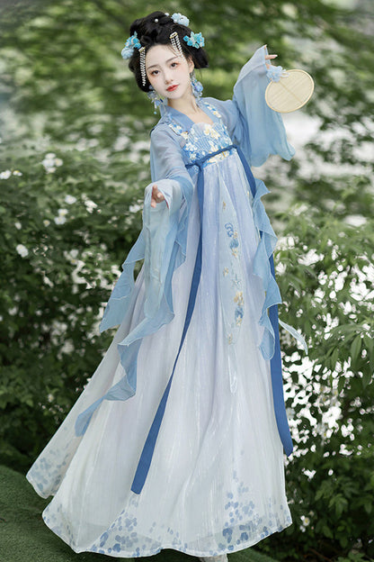 Blue [Princess Of The Sea] Hime Sleeves High Waisted Embroidered Women's Sweet Hanfu Dress Set