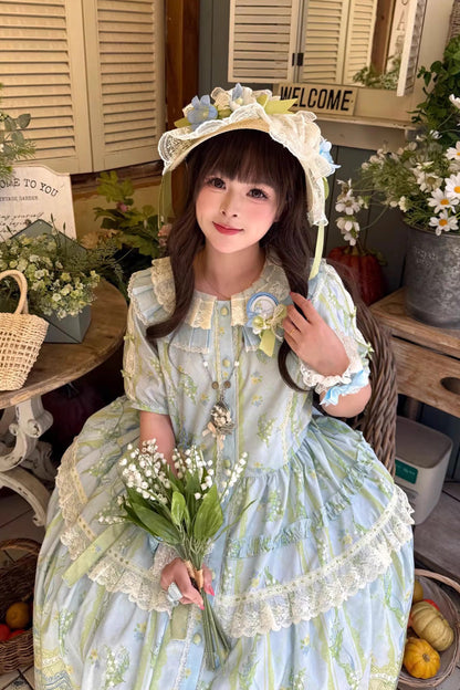 Blue/Green [Lily of the Valley Perfume] Pearl Candy Tea Doll Collar Short Sleeves Printed Lace Plus Size Sweet Lolita OP Dress