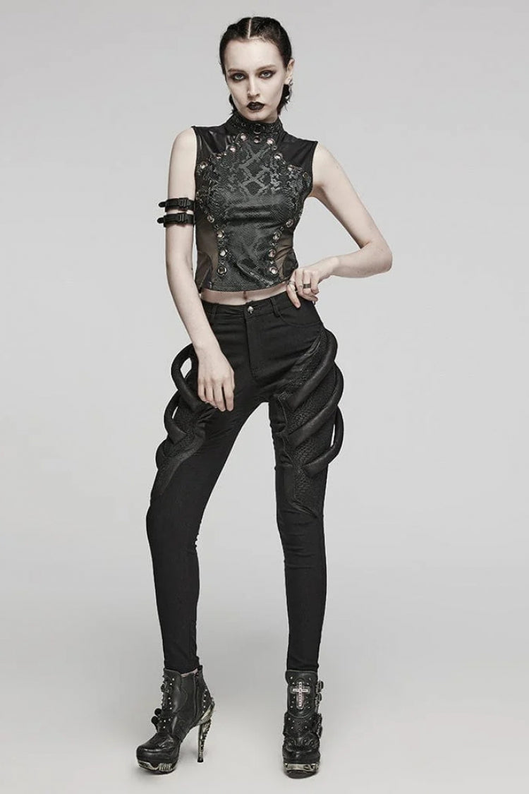 Black Snake Print Metal Ring Decoration Hollow Womens Steampunk Vest