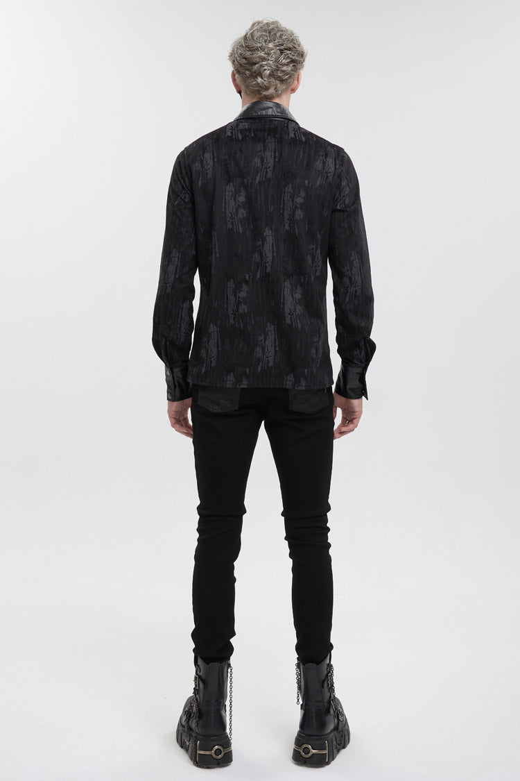 Black Ribbed Metal Chain Hand-Painted Velveteen Paneled Leather Men's Punk Shirt