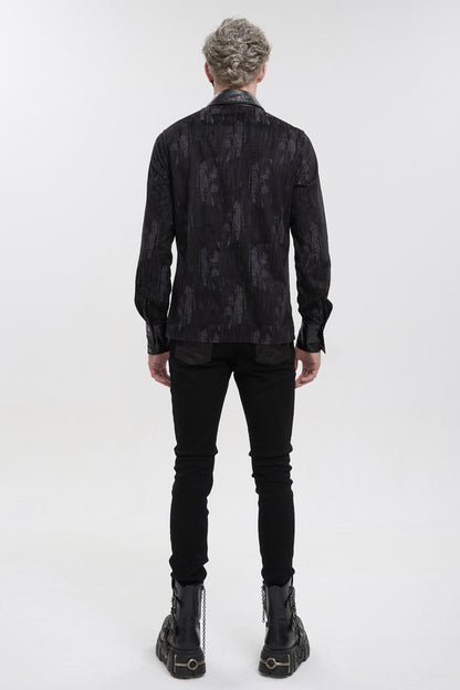 Black Ribbed Metal Chain Hand-Painted Velveteen Paneled Leather Men's Punk Shirt