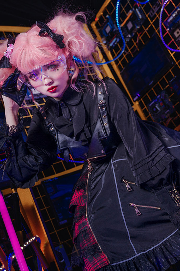 Black Stitching Zipper Cardigan Ruffled Multi-Layer Gothic Lolita Jsk Dress (Will shine at night)