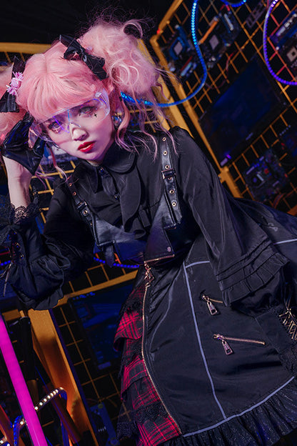 Black Stitching Zipper Cardigan Ruffled Multi-Layer Gothic Lolita Jsk Dress (Will shine at night)