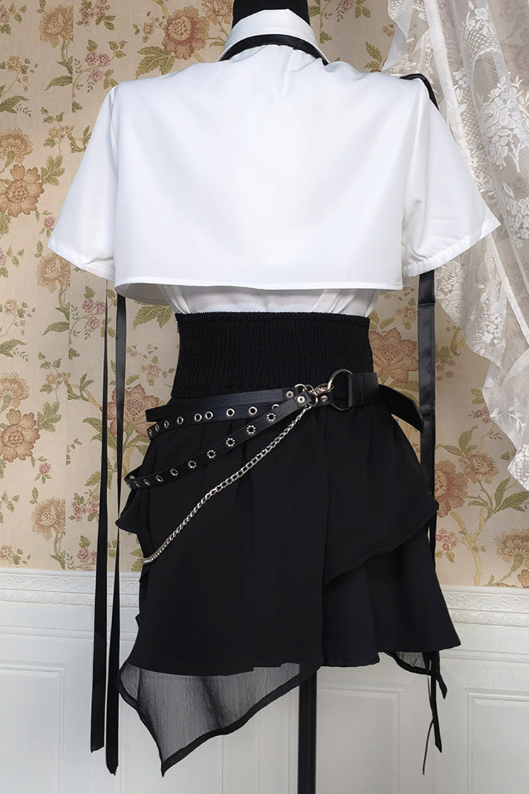Black/White Short Sleeves Ruffle Asymmetric Gothic Jirai Kei Skirt Blouse Set
