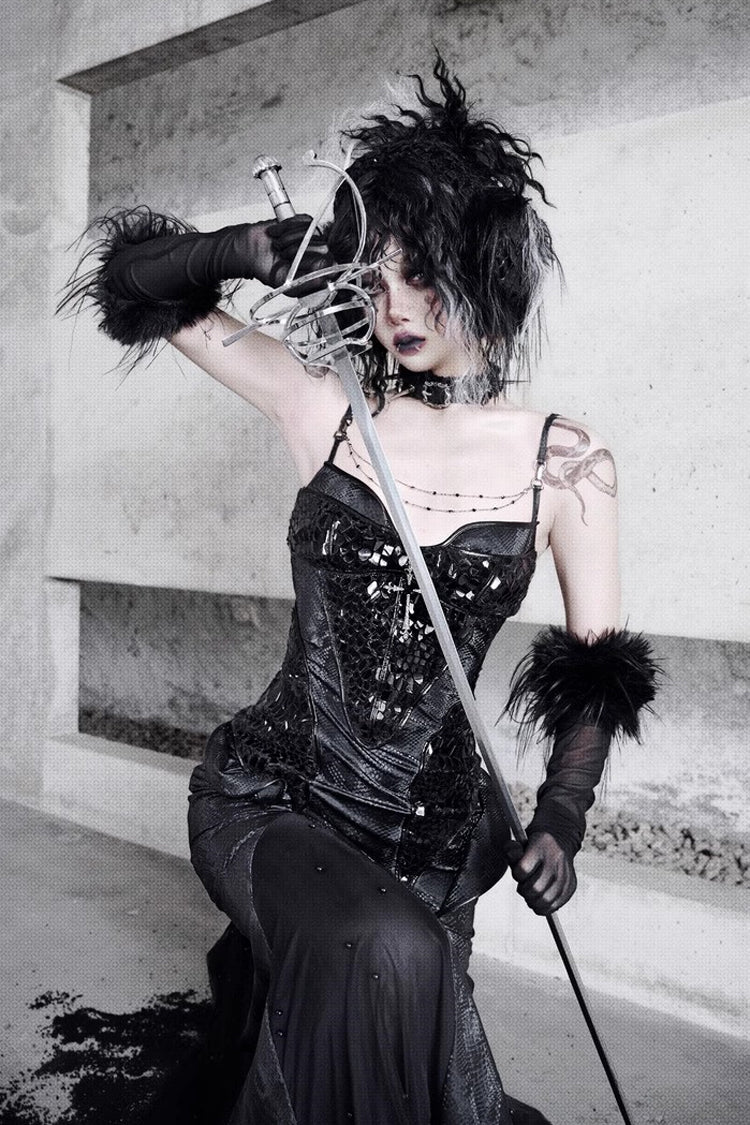 Black [Snake Eye Shadow] Sleeveless Print Stitching Slim Gothic Lolita Jsk Dress