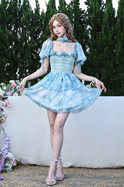 Blue Square Collar Short Puff Sleeves Multi-Layered Print Ruffle Bowknot Tie-dyed Sweet Princess Lolita Dress