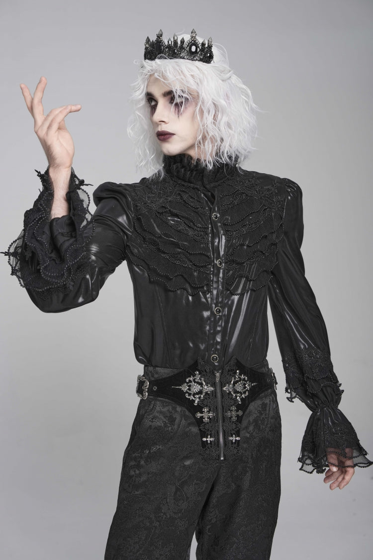 Black Stand Collar Long Puff Sleeves Embroidery Stitching Lace Men's Gothic Blouse