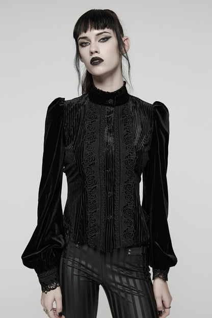 Black Stand Collar Long Puff Sleeves Floral Embroidered Lace-Up Women's Gothic Blouse