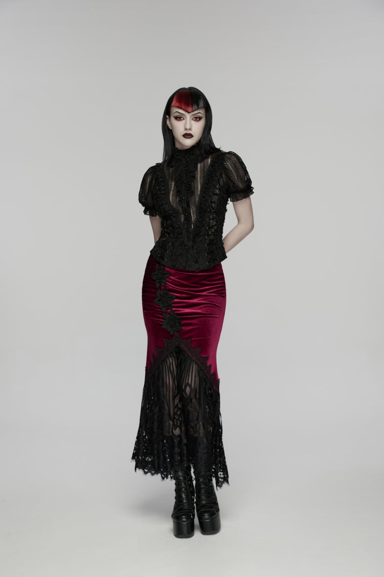 Black Stand Collar Short Sleeves Ruffled Cut-Out Embroidered Lace Women's Gothic Blouse