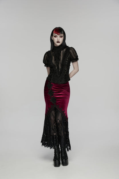 Black Stand Collar Short Sleeves Ruffled Cut-Out Embroidered Lace Women's Gothic Blouse