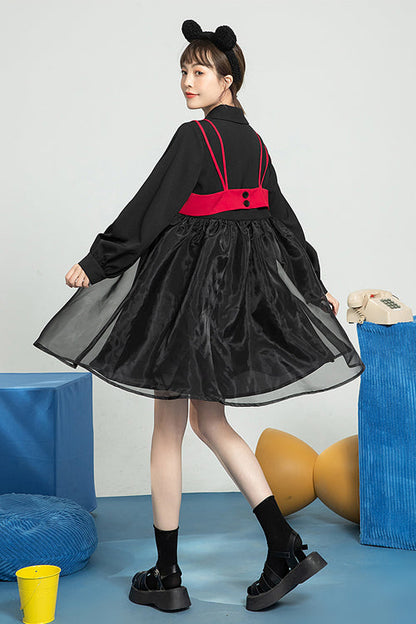 Black Suit Collar Bow Organza Long Sleeves High Waist Sweet Lolita OP Dress