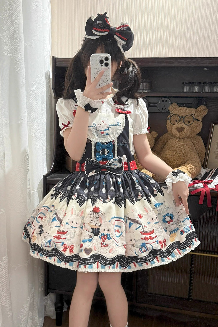 Black [Mystery Rabbit Tea Party] Sleeveless Print Bowknot Lace Sweet Lolita Strap Dress