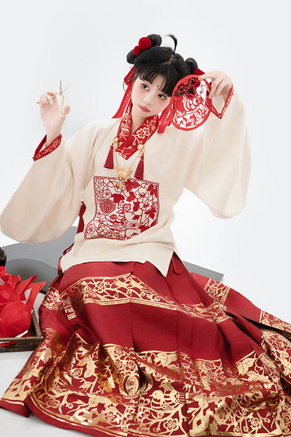 Red/Apricot V Collar Lantern Sleeves High Waisted Print Hot Stamping Women's Sweet Classic Hanfu Two Piece