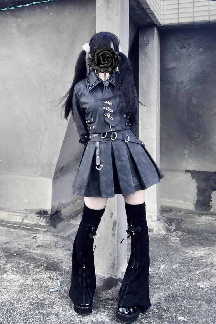 Black [Eternal Night of Bones] Lapel Collar Long Sleeves Studded Eyelet Gothic Jirai Kei Japanese Handsome Top and Skirt Set