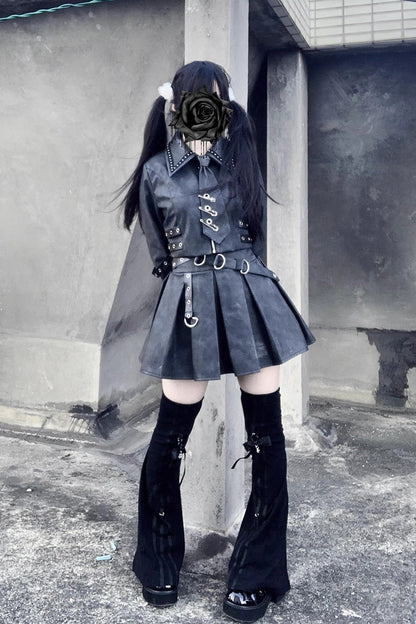 Black [Eternal Night of Bones] Lapel Collar Long Sleeves Studded Eyelet Gothic Jirai Kei Japanese Handsome Top and Skirt Set
