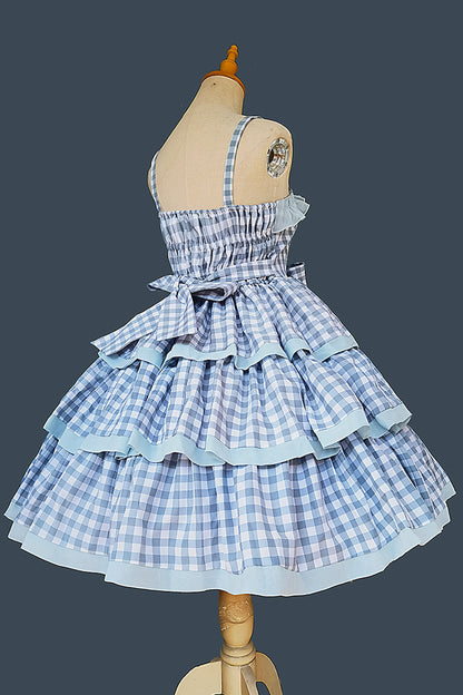 Blue [Cloth Cat] Triple-Layered Plaid Print Ruffle Bowknot Sweet Lolita Dress 2 Colors