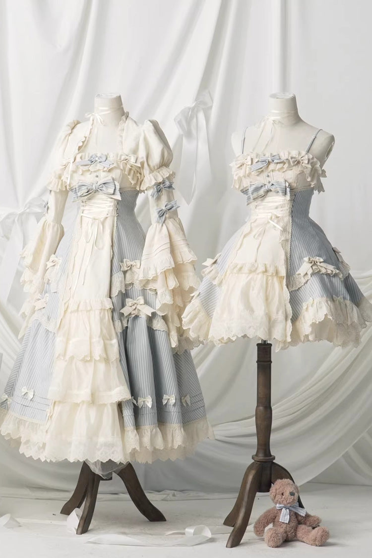 Blue [Letter Paper] Sleeveless Double-Layered Printed Ruffled Open-Front Bow Lace-Up Sweet Lolita Jsk Dress (Short Version)