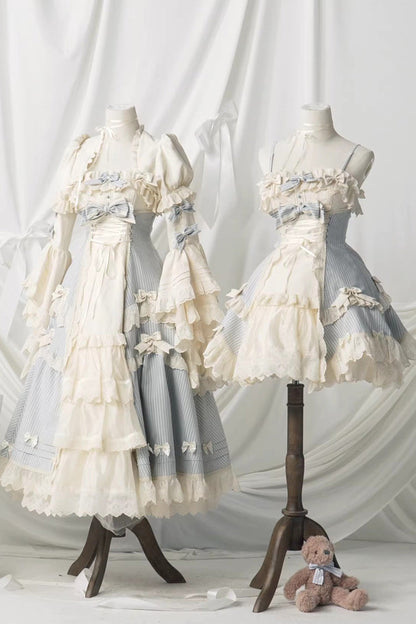 Blue [Letter Paper] Sleeveless Double-Layered Printed Ruffled Open-Front Bow Lace-Up Sweet Lolita Jsk Dress (Long Version)