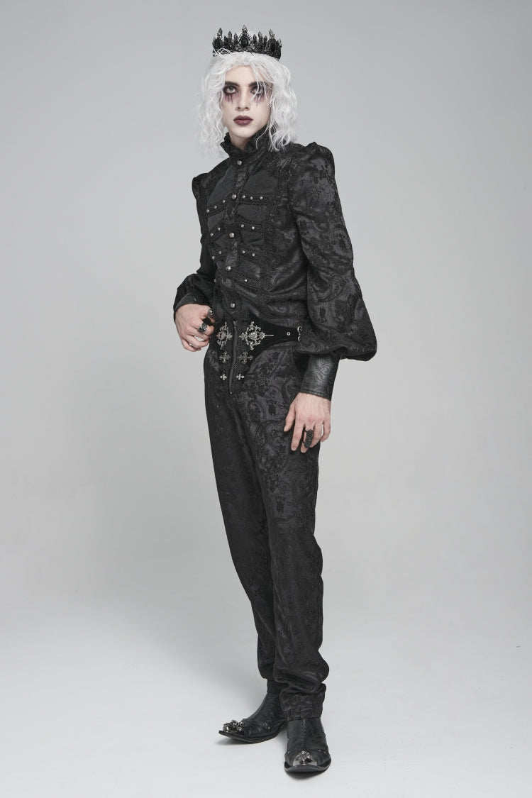 Black Printed Lace-Up Buckled Zippered Men's Gothic Pants