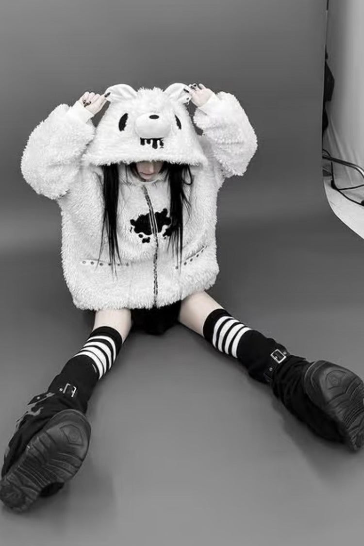 White Long Sleeves Bear Ears Hooded Zippered Gothic Jirai Kei Lolita Coat