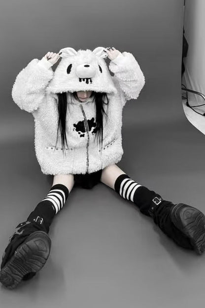 White Long Sleeves Bear Ears Hooded Zippered Gothic Jirai Kei Lolita Coat