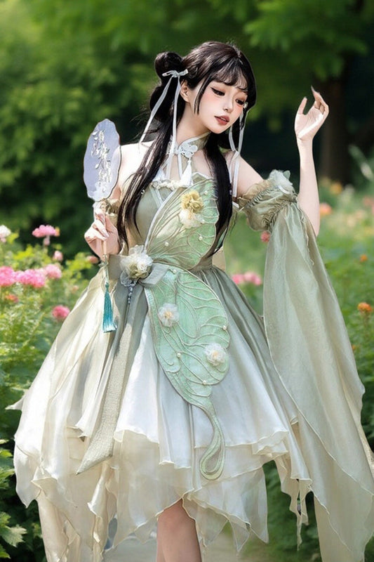 Green Halterneck Sleeveless Bowknot Lace Irregular Sweet Chinese Style Lolita Jsk Dress