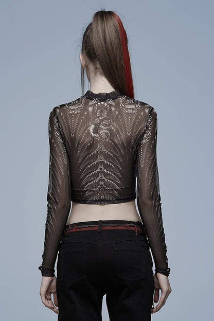 Black/White Gothic Personality Skull Print Pattern Elasticity Mesh Tight Sexy Perspective Tie Cord At Cuff Women's Shirt