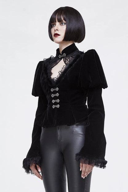 Small Stand Collar Flared Princess Sleeve Black Velveteen Short Womens Gothic Jacket