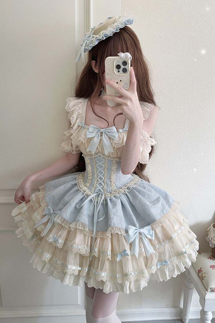 Blue [Flory Butterfly] Double-Layered Ruffle Bowknot Lace Lace-Up Sweet Ballet Lolita Jsk Dress