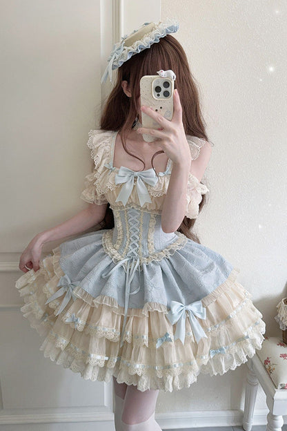Blue [Flory Butterfly] Double-Layered Ruffle Bowknot Lace Lace-Up Sweet Ballet Lolita Jsk Dress