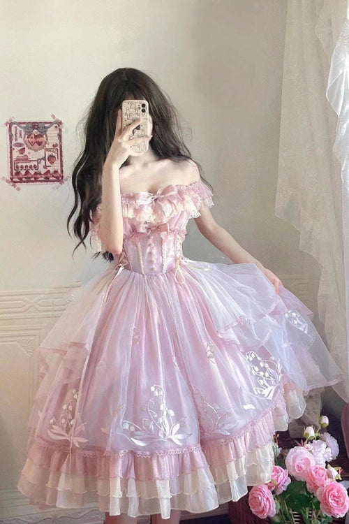 Pink [Love Is Coming] Multi-layer Ruffle Embroidery Bowknot Sweet Princess Lolita Jsk Dress