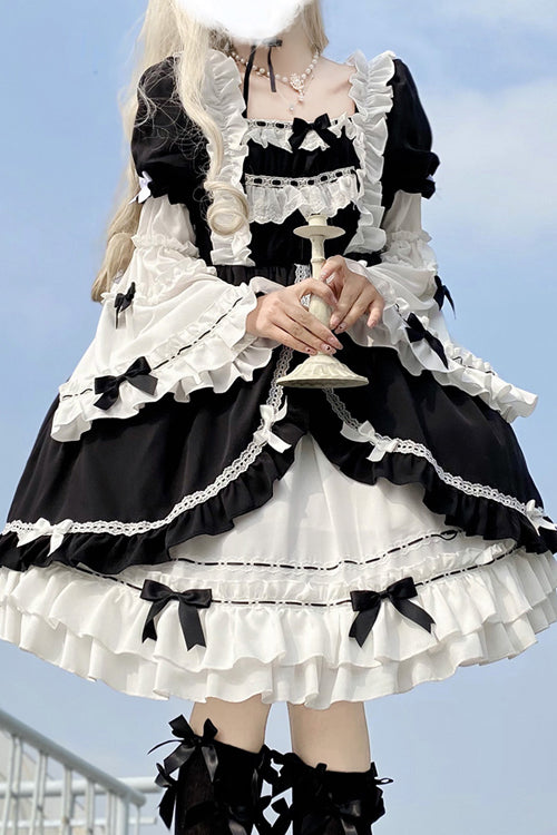 Black/White Ruffled Long Sleeves Detachable Trumpet Sleeves High Waisted Sweet Lolita OP Dress