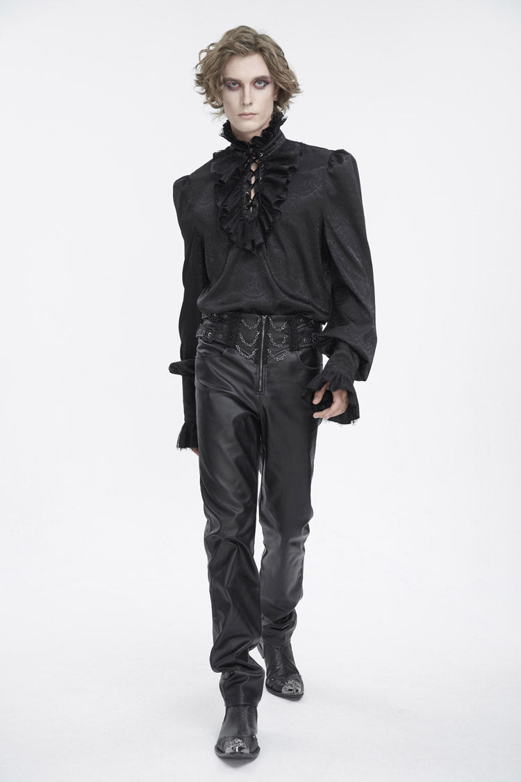 Black Stand Collar Long Sleeves Jacquard Ruffle Men's Gothic Blouse
