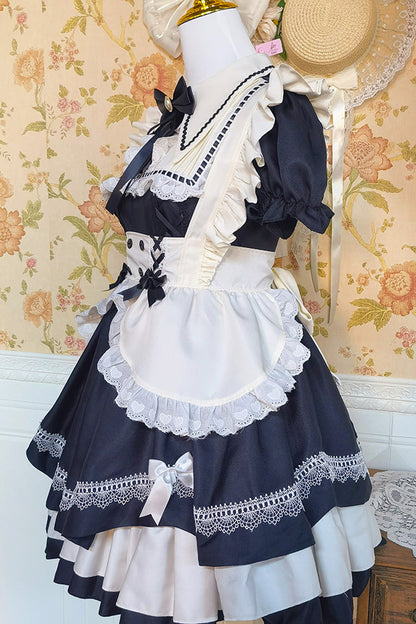 Black/White Short Sleeves Triple-Layered Ruffle Bowknot Lace Sweet Plus Size Maid Lolita Dress Set