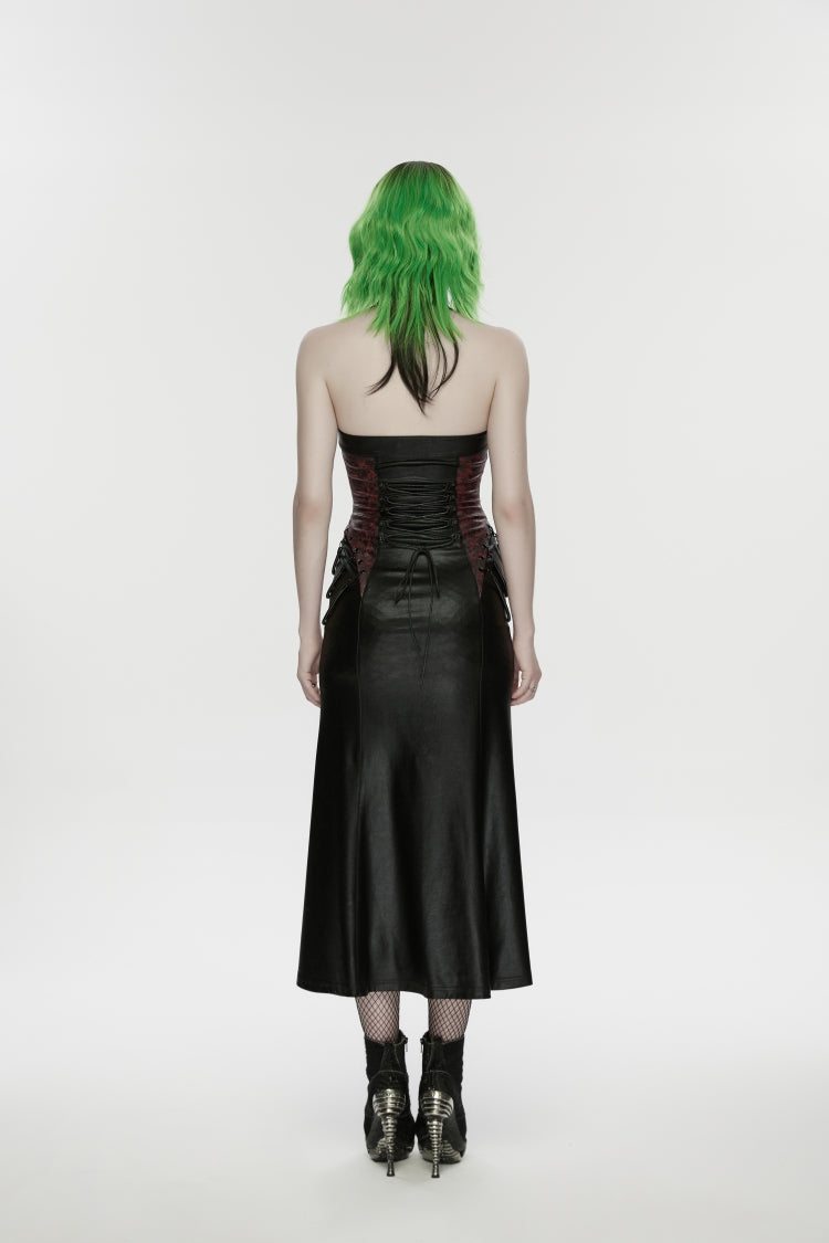 Black/Red Halterneck Sleeveless Lace-Up Slim Buckled Women's Punk Dress