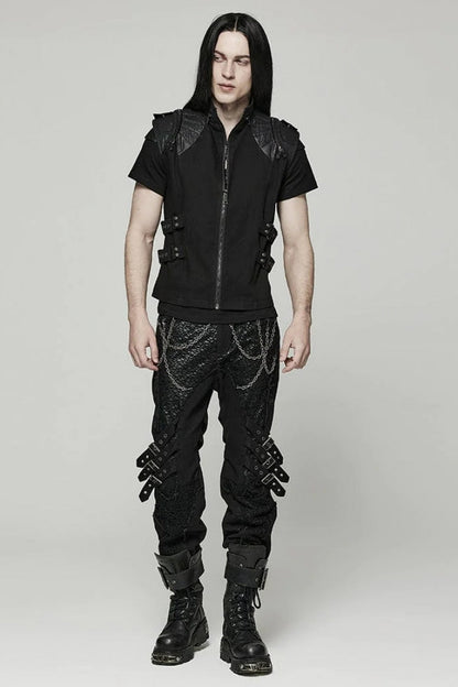 Black Stand Collar Side Waist Webbing Decorative Stitching Mens Steampunk Vest