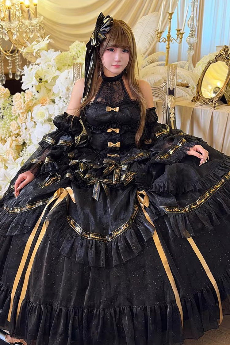 Black [Obsidian Banquet] Double-Layered Ruffled Hanayome Bow Lace Sweet Gothic Princess Lolita Jsk Dress
