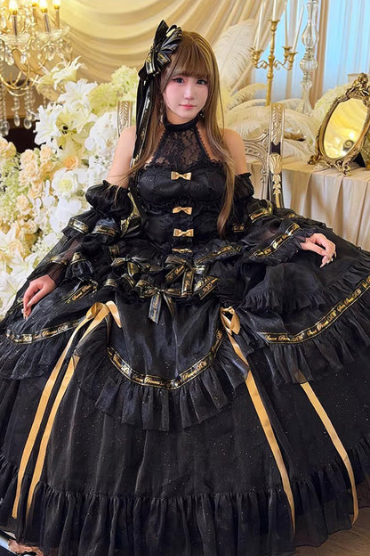 Black [Obsidian Banquet] Double-Layered Ruffled Hanayome Bow Lace Sweet Gothic Princess Lolita Jsk Dress