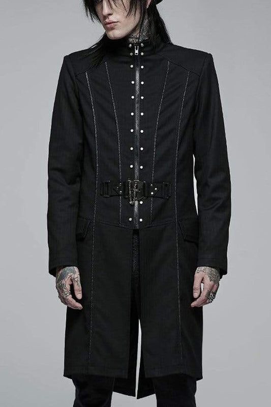 Black Punk Stand Collar Skeleton Embroidery Frenulum Metal Rivet Zippe Slim Fit Mid Length Men's Coat