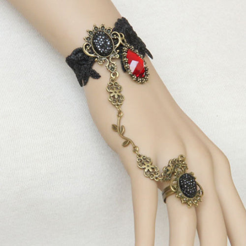 Black Vampire Retro Fashion Handmade Lace Ruby Female Party Gothic Lolita Ring Bracelet