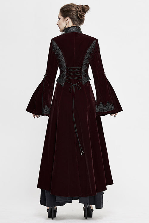 Red Lace Flared Sleeves Velvet Long Womens Gothic Coat