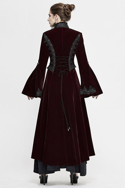 Red Lace Flared Sleeves Velvet Long Womens Gothic Coat
