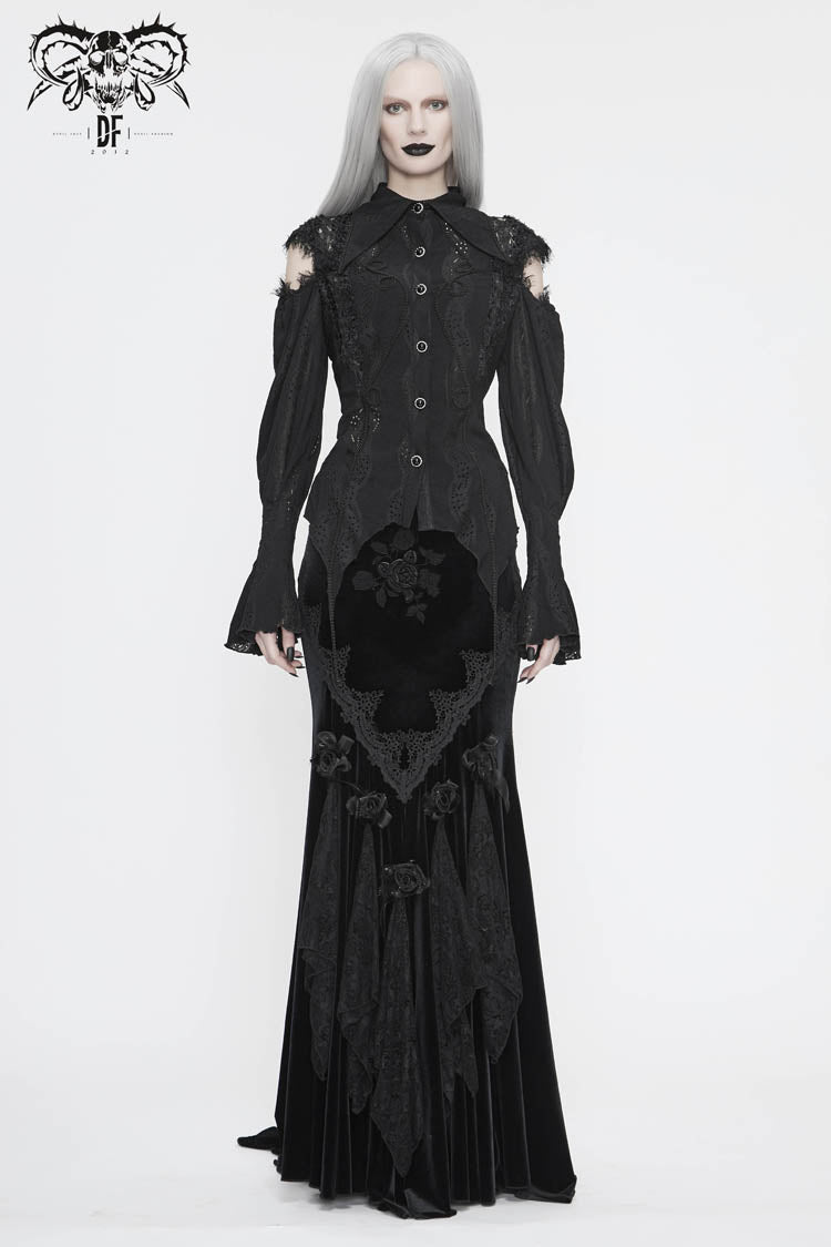 Black Front Chest Webbing Appliques Hollow-Out Lantern Sleeve Flare Cuff Back Waist Lace Up Women's Gothic Blouse